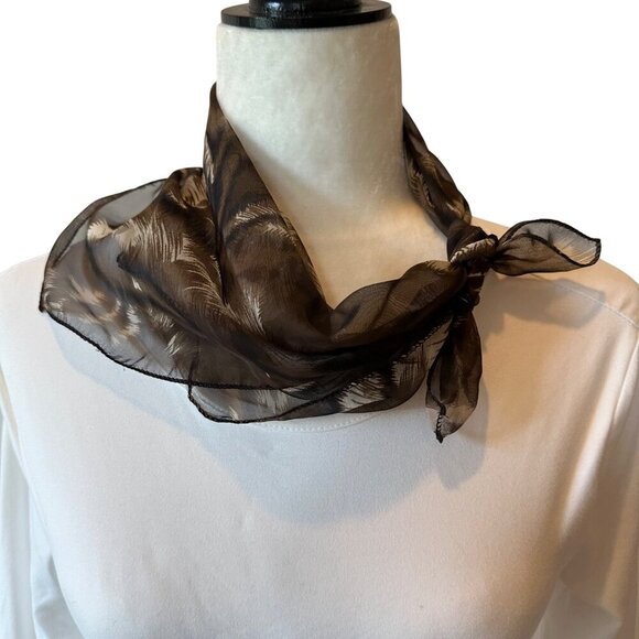 Brown Feather Print Square Scarf 19 in Boho Festival Bag Scarf Vintage Sheer - Picture 2 of 9